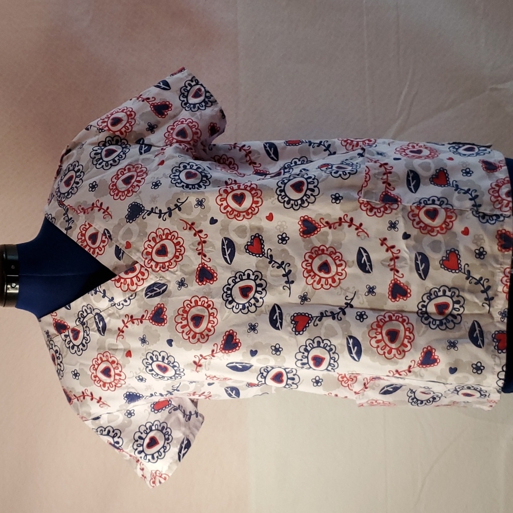 Woman red, white and blue v neck srub nursing top